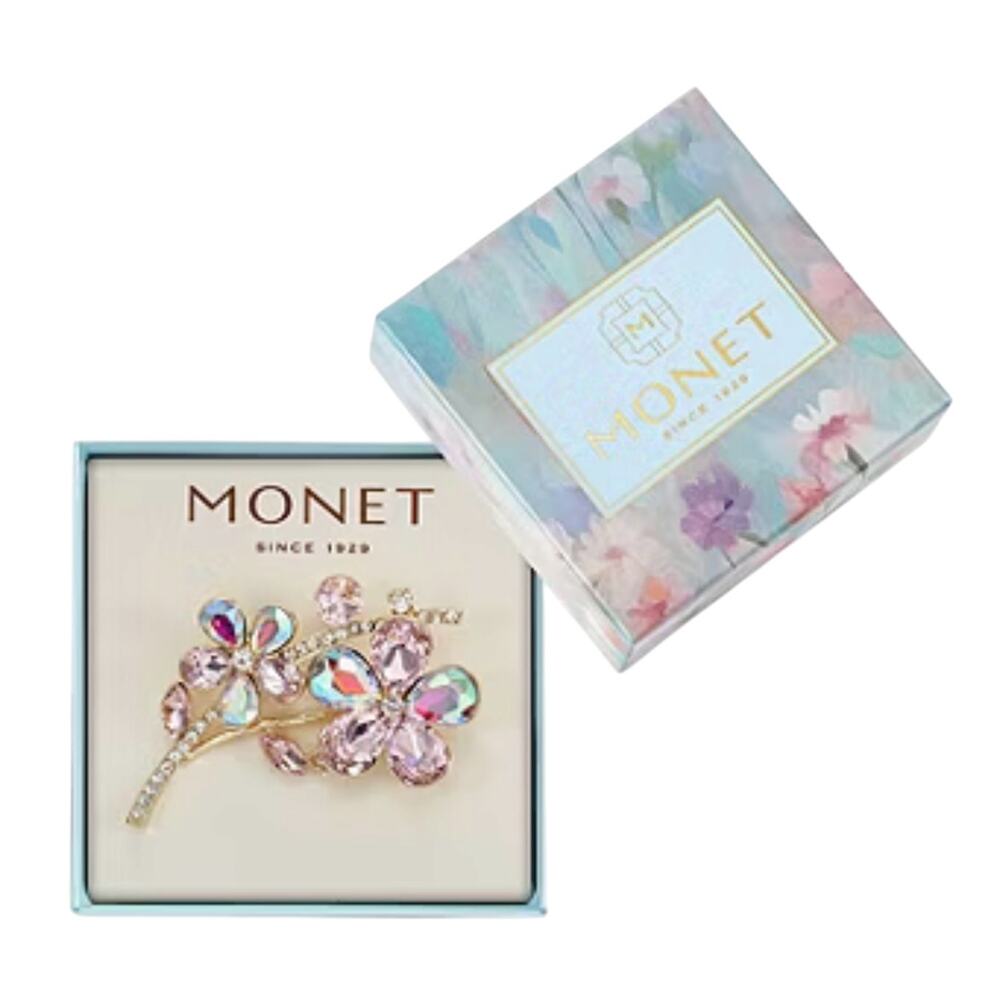 MONET Flower Brooch Pin Gold Tone Rhinestone Pink AB Crystal Figural New in Box - Picture 5 of 10